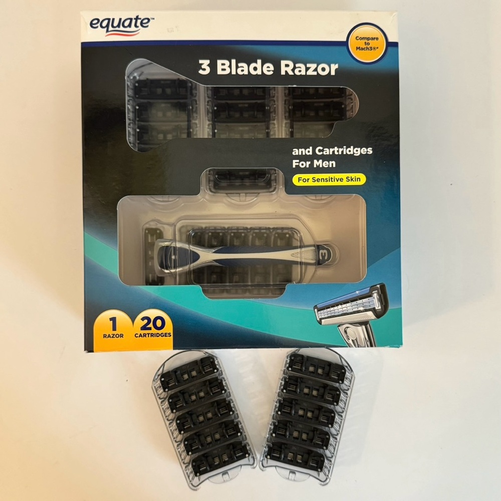 NIB, Equate 3-Blade Razor & 20-Pk Cartridges + 10 Extras